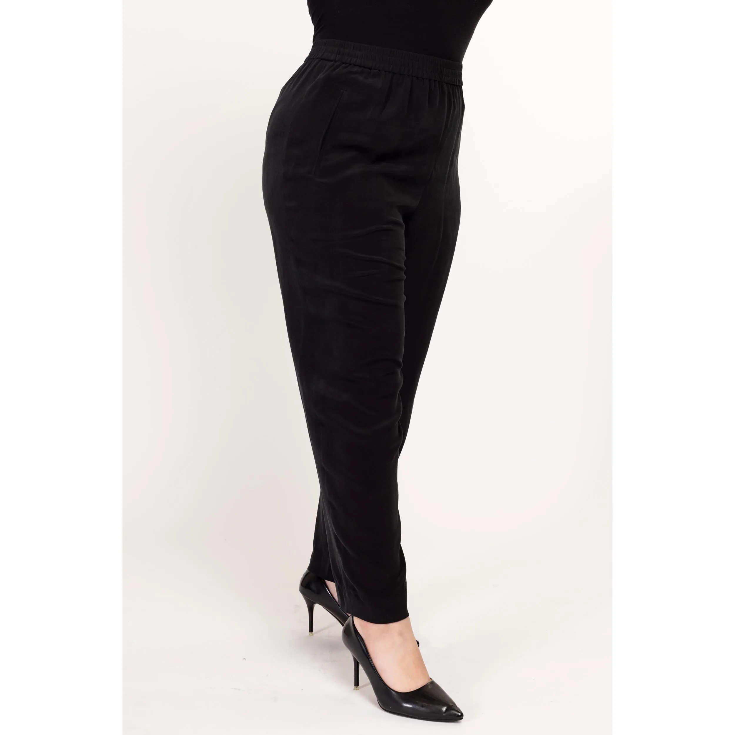 Lrg-XL 80s Black Silk High Waisted Trousers 32"-38"
