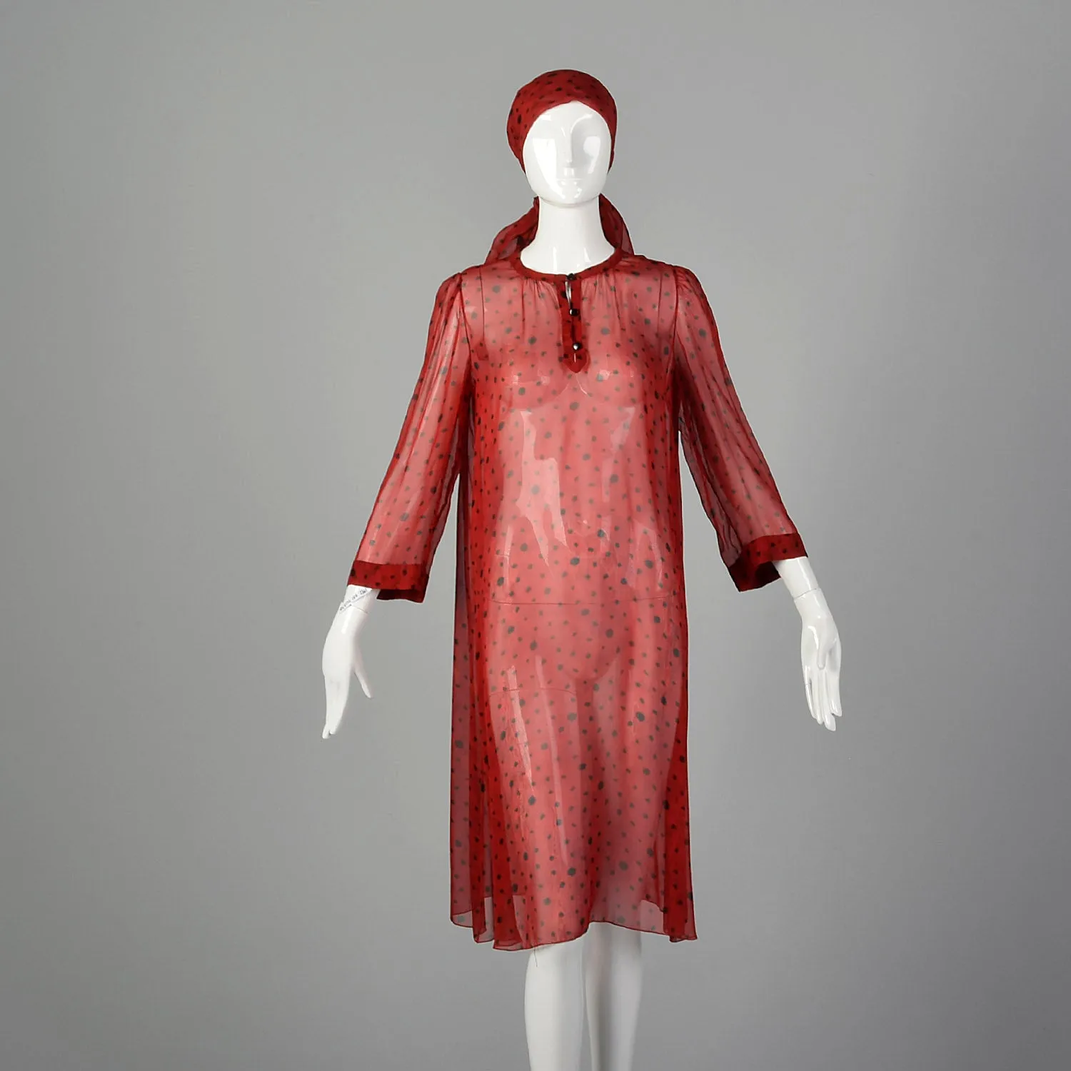 Medium 1980s Sheer Red Tunic With Scarf