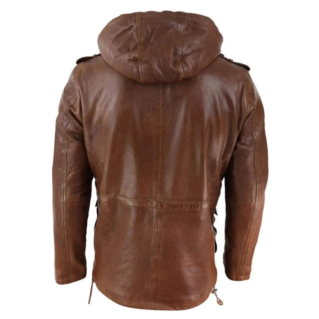 Men's 3/4 Long Leather Duffle Jacket Coat Safari Detachable Hood Military