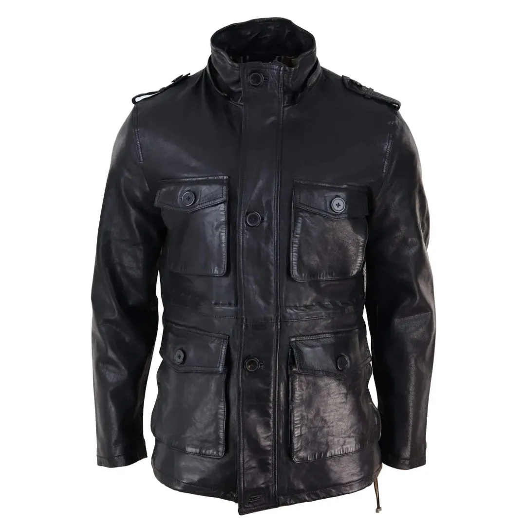 Men's 3/4 Long Leather Duffle Jacket Coat Safari Detachable Hood Military