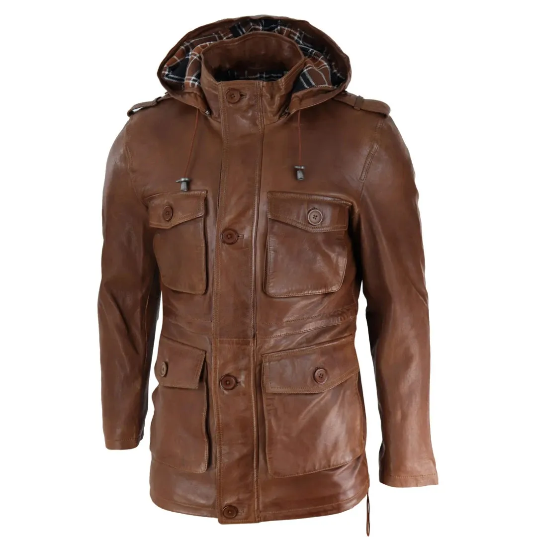 Men's 3/4 Long Leather Duffle Jacket Coat Safari Detachable Hood Military