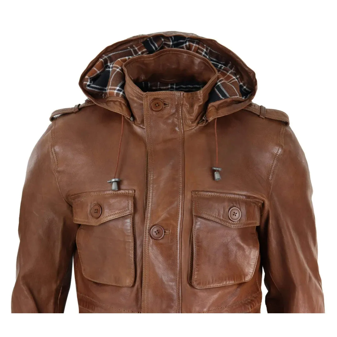 Men's 3/4 Long Leather Duffle Jacket Coat Safari Detachable Hood Military