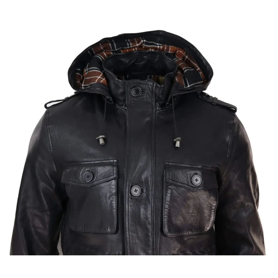 Men's 3/4 Long Leather Duffle Jacket Coat Safari Detachable Hood Military