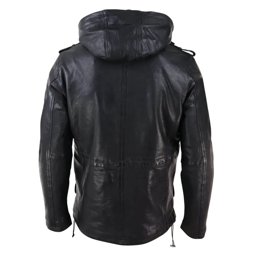 Men's 3/4 Long Leather Duffle Jacket Coat Safari Detachable Hood Military