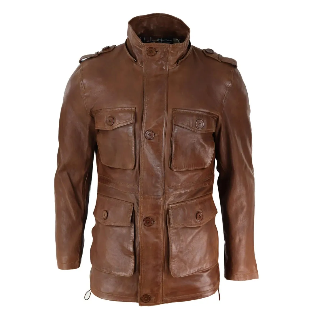 Men's 3/4 Long Leather Duffle Jacket Coat Safari Detachable Hood Military