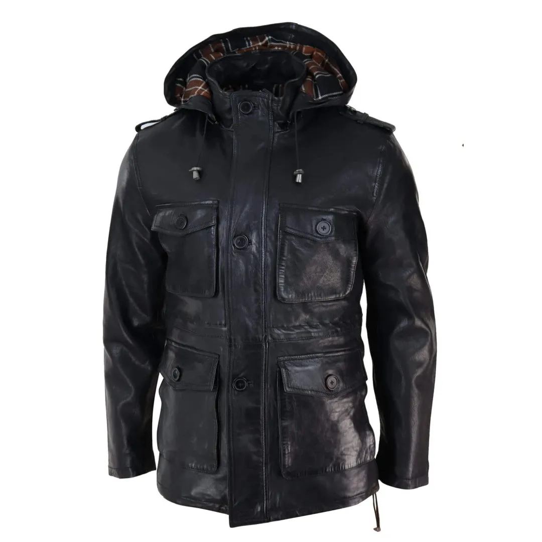 Men's 3/4 Long Leather Duffle Jacket Coat Safari Detachable Hood Military
