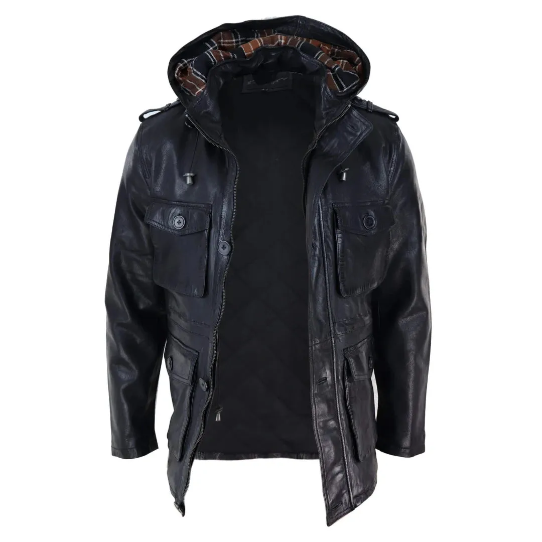 Men's 3/4 Long Leather Duffle Jacket Coat Safari Detachable Hood Military