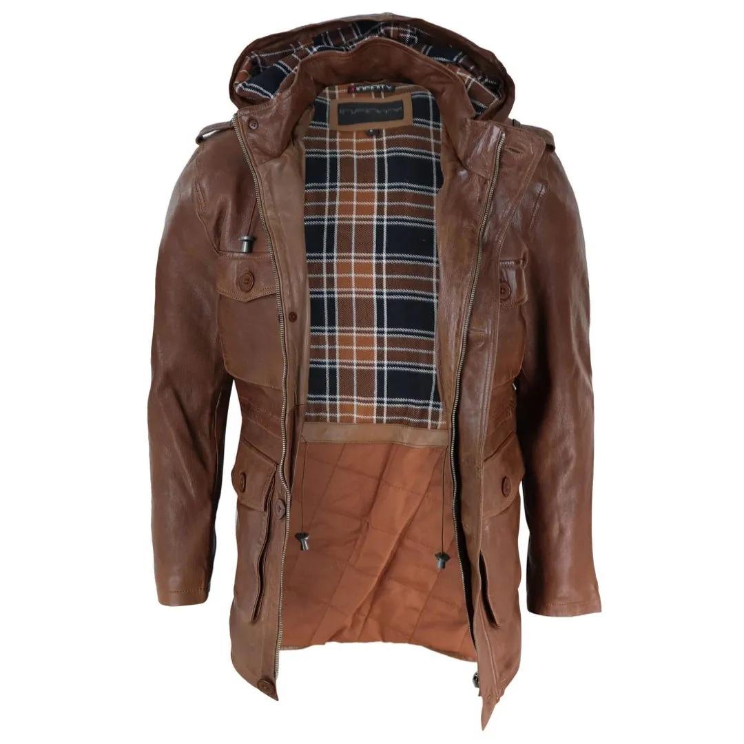 Men's 3/4 Long Leather Duffle Jacket Coat Safari Detachable Hood Military