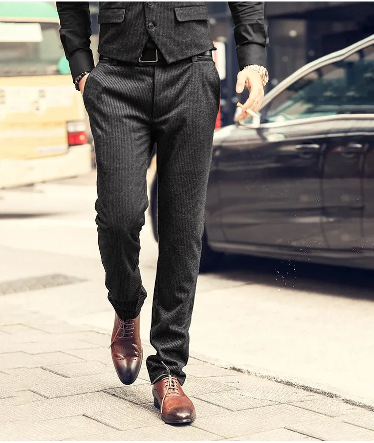 Men's Autumn/Winter Texture Woolen Striped Vertical Pattern Trousers