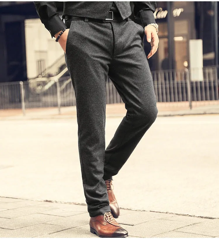 Men's Autumn/Winter Texture Woolen Striped Vertical Pattern Trousers