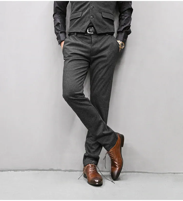 Men's Autumn/Winter Texture Woolen Striped Vertical Pattern Trousers