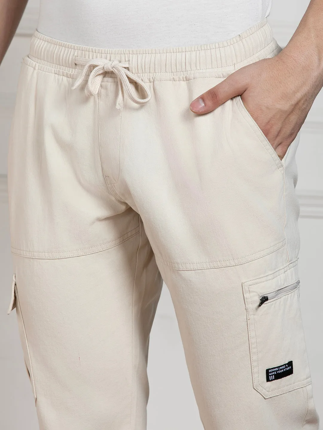 Men's Solid Cream Stretchable Cargo Joggers