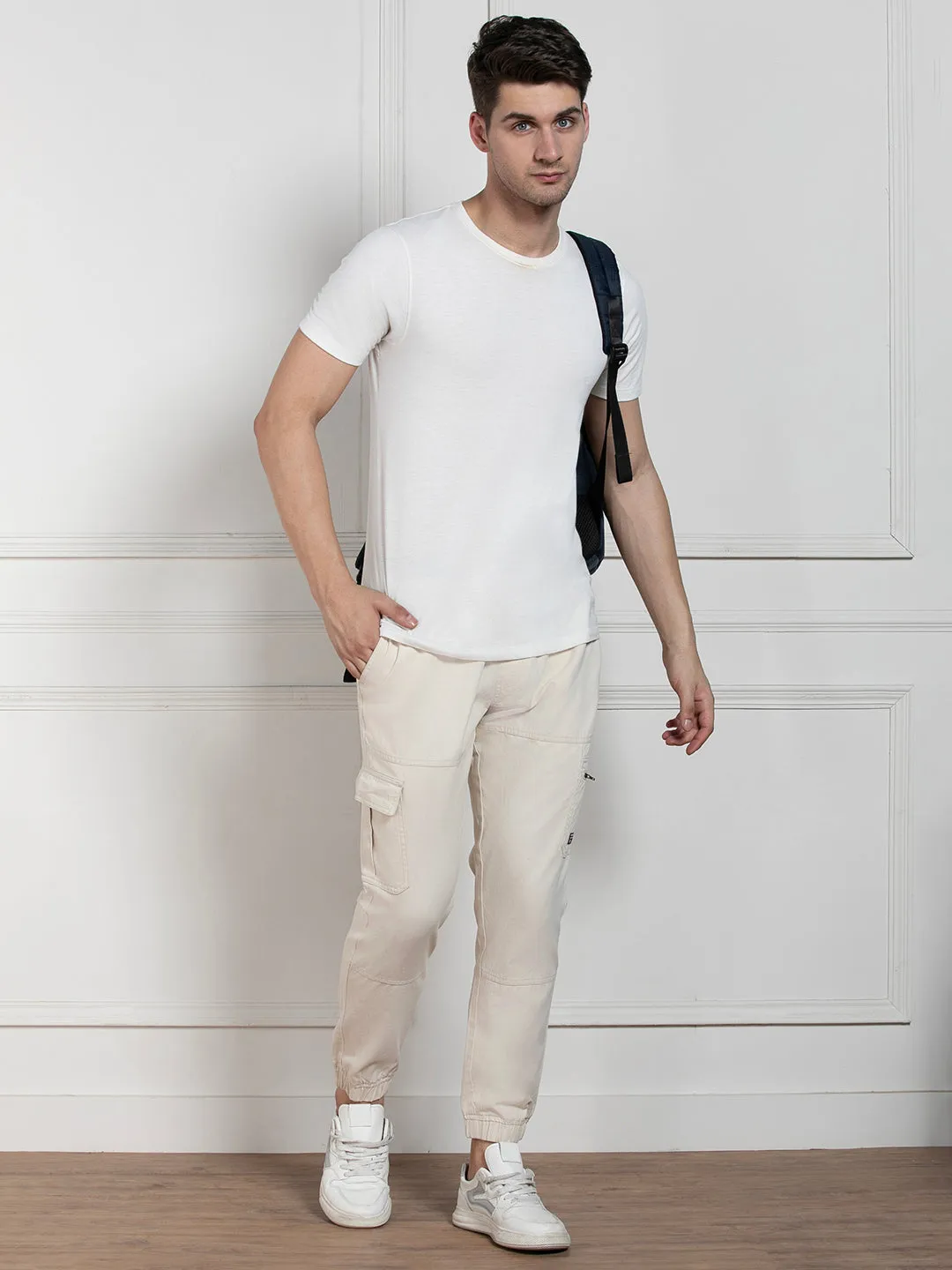 Men's Solid Cream Stretchable Cargo Joggers