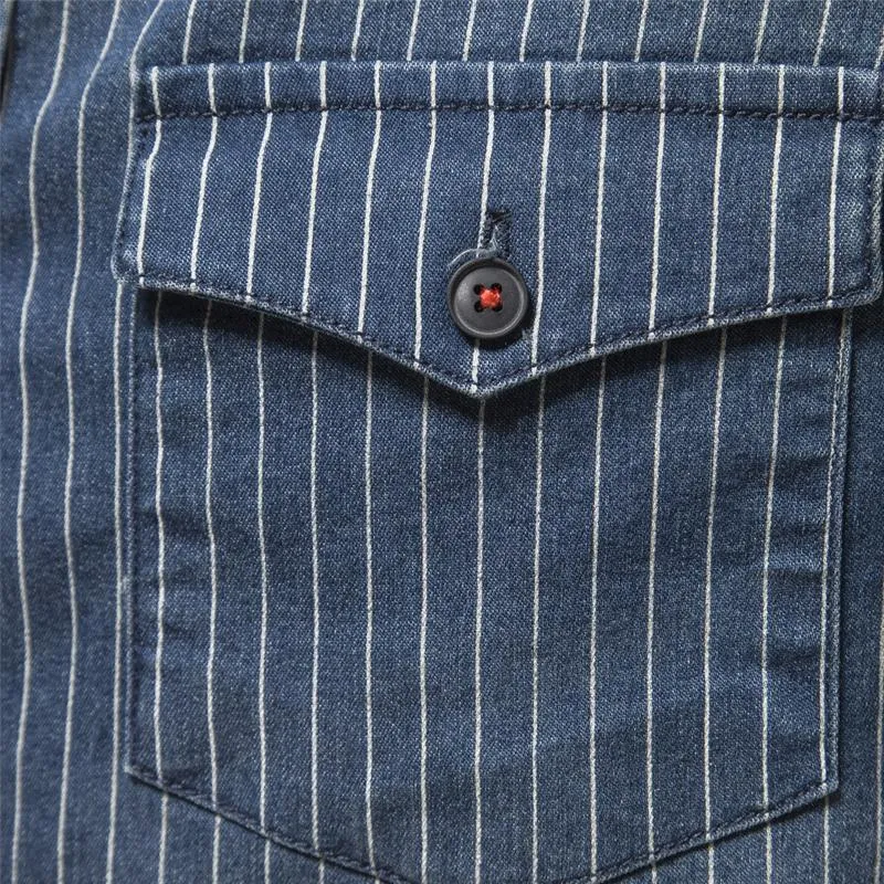 Men's Washed Distressed Striped Denim Shirt 98861733X