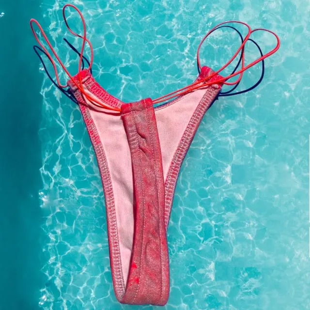 Metallic Dragon Double Strap Skimpy Thong Bikini Bottom | Neon Guava