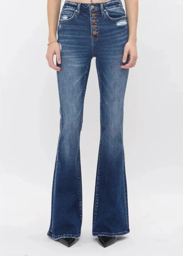 Mica Denim High Rise Flare With Button Up