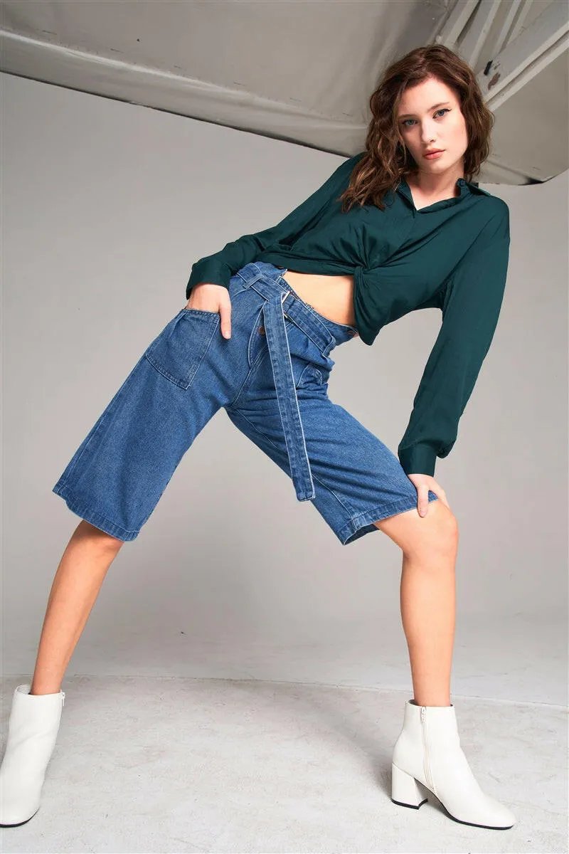 Mid Blue Denim Front Cut-out High-waist Buckle Self-tie Belt Detail Midi Flare