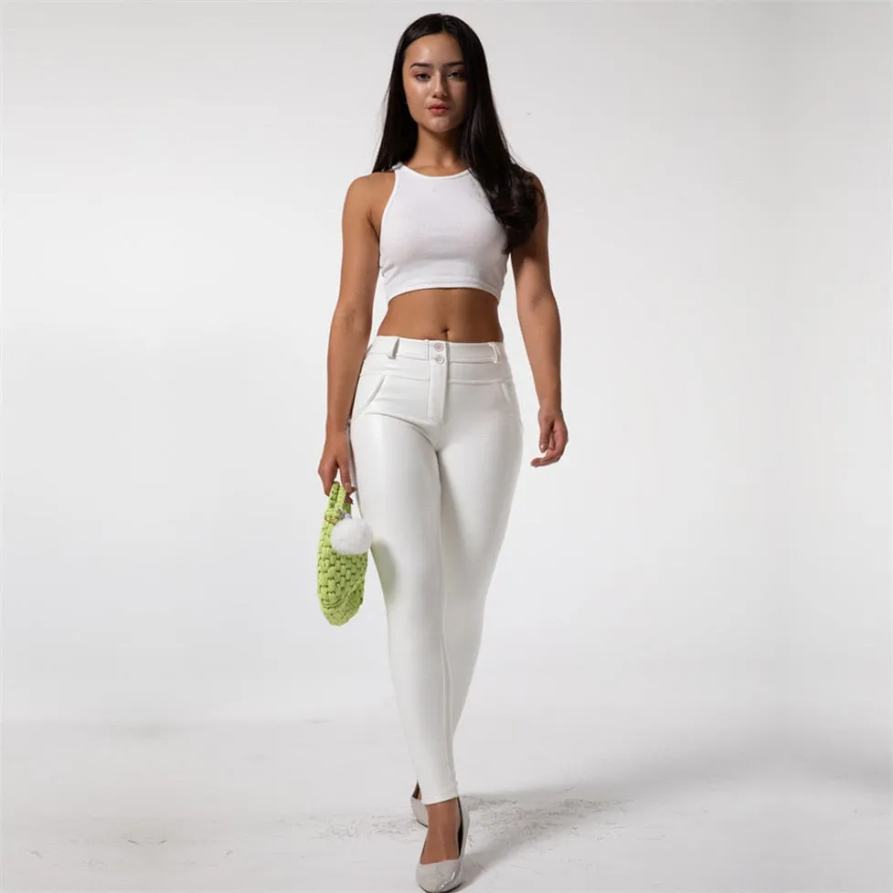 Mid-waist Women's Faux Leather Pants With Fleece Lined