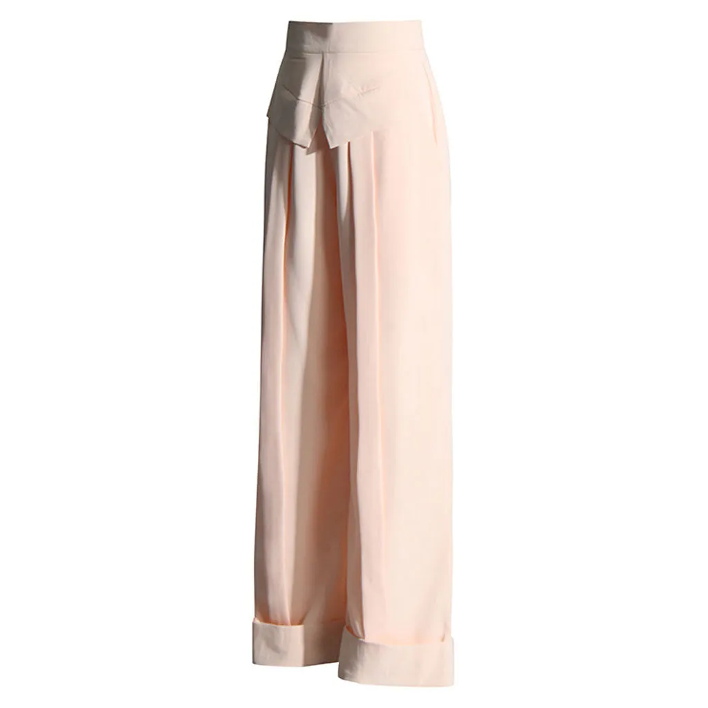 Modern Monochromatic High Waist Pleated Roll Up Hem Wide Leg Pants