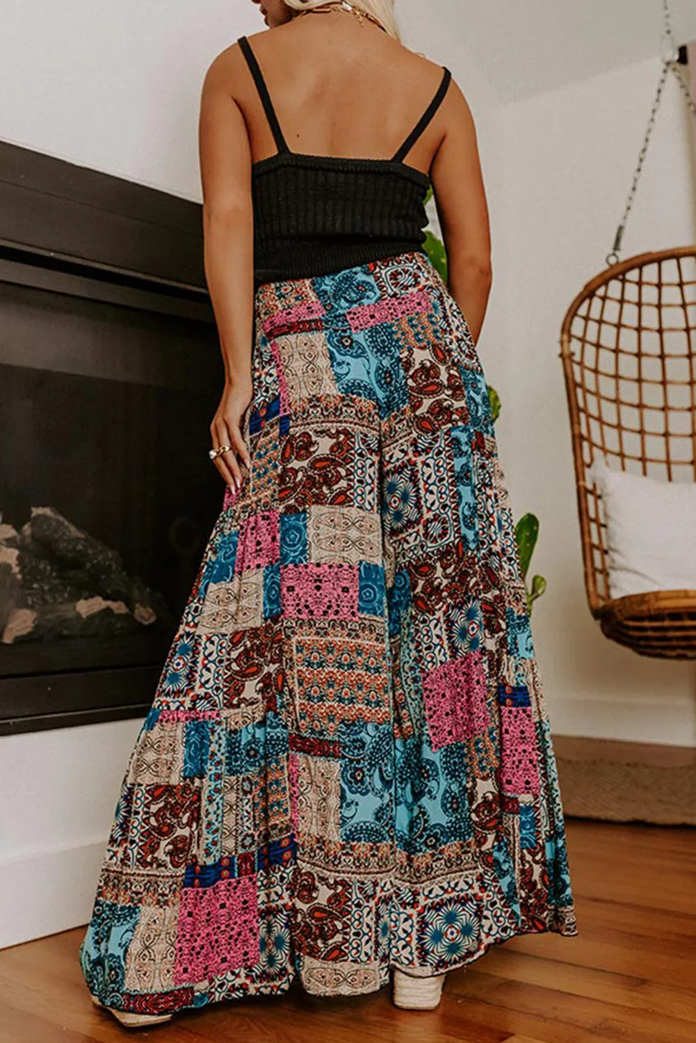 Multicolor Boho Paisley Mixed Print High Waist Pants