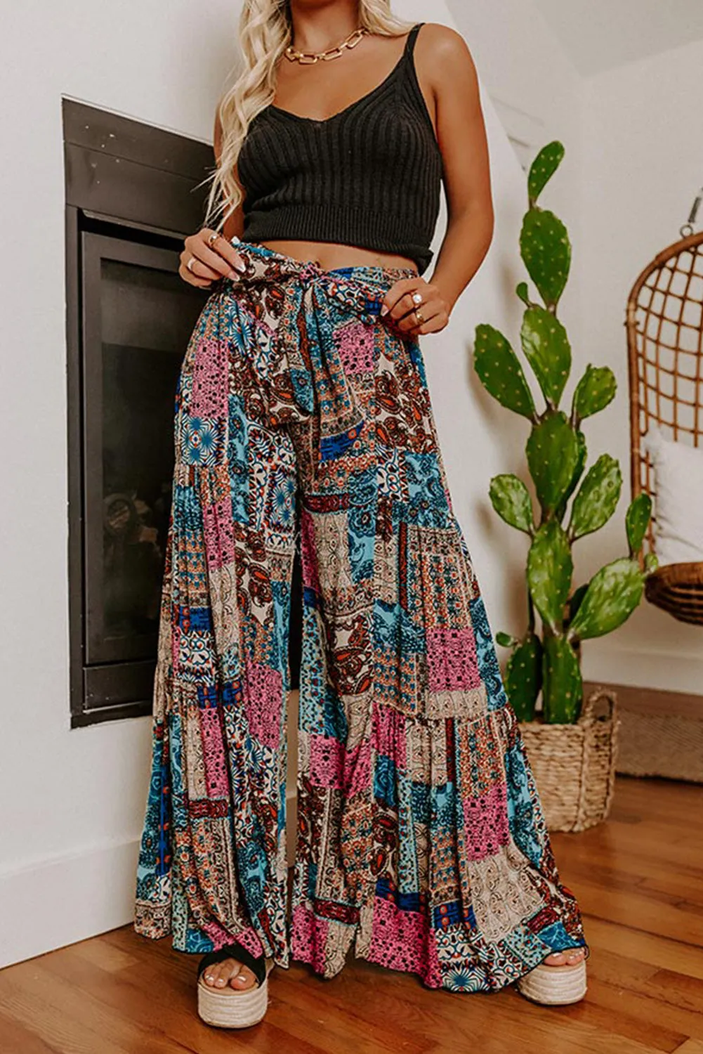 Multicolor Boho Paisley Mixed Print High Waist Pants