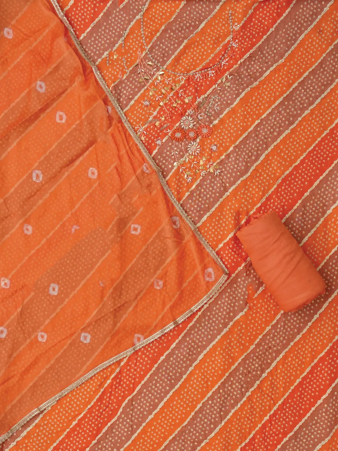 Multicolor Unstitched Cotton Bandhani Printed Dress Material With Dupatta