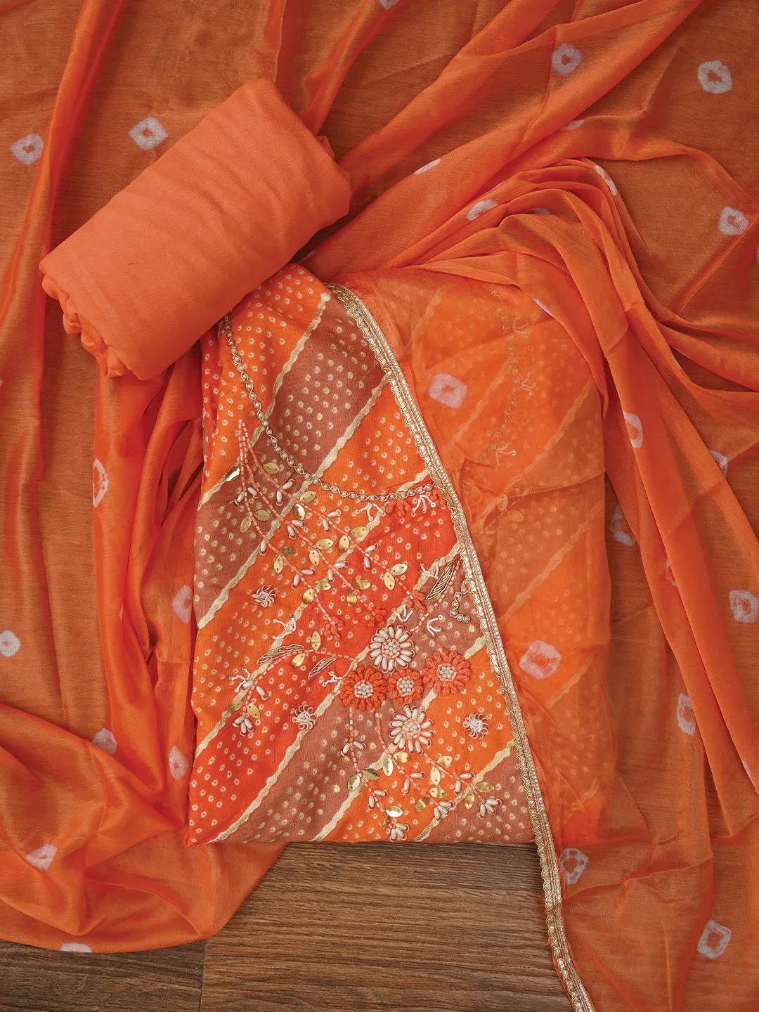 Multicolor Unstitched Cotton Bandhani Printed Dress Material With Dupatta