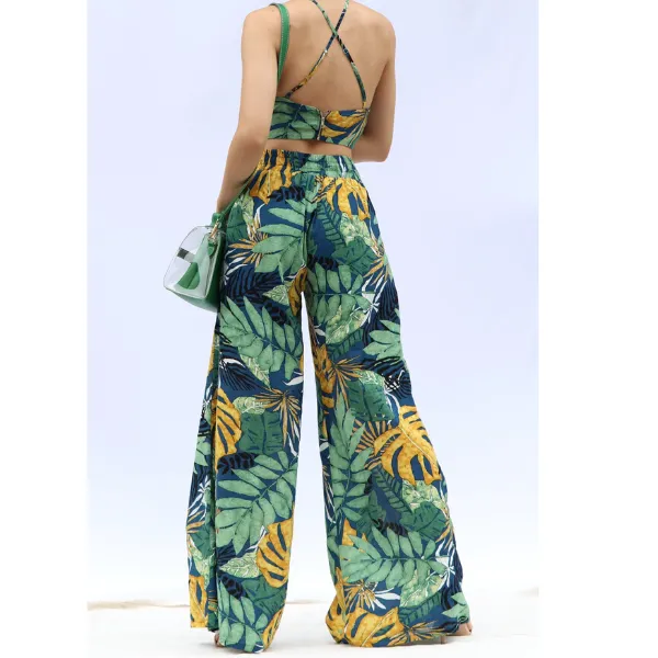 Navy and Green Tropical Leaf Print Wide Leg Pants with Halter Top