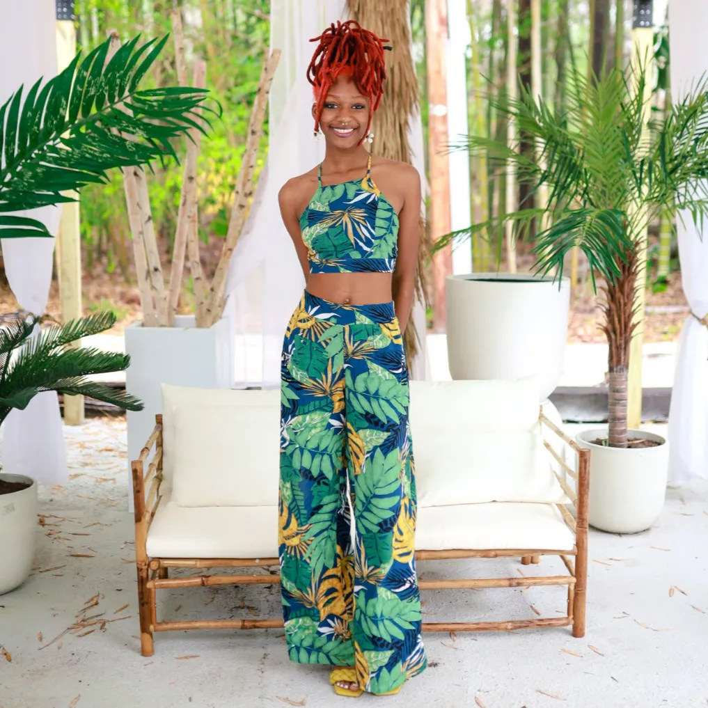 Navy and Green Tropical Leaf Print Wide Leg Pants with Halter Top