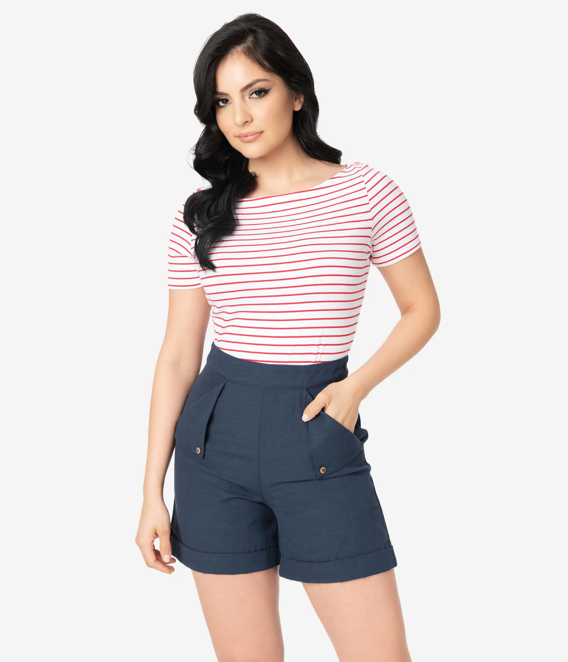 Navy High Waist Nautical Shorts