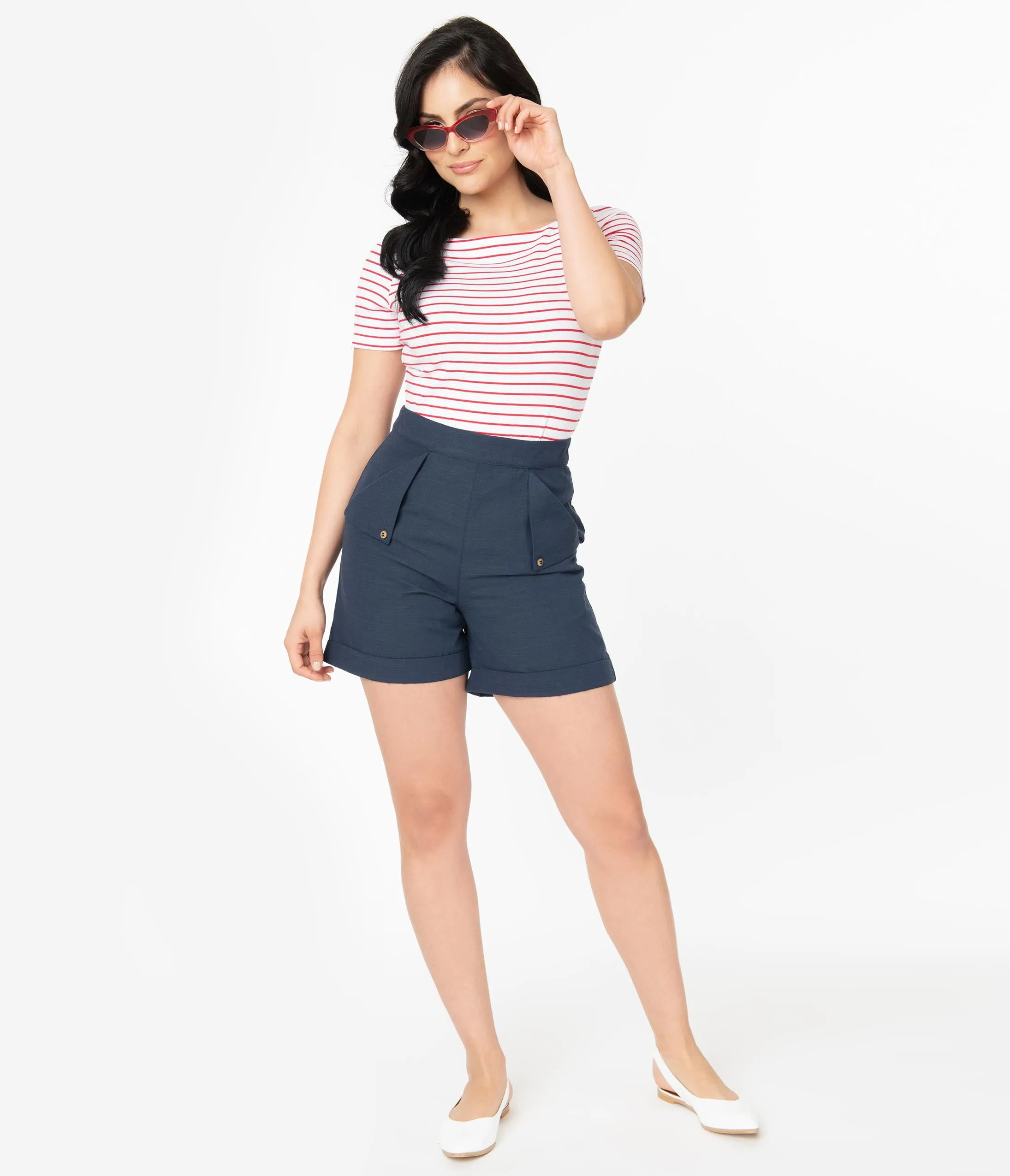 Navy High Waist Nautical Shorts