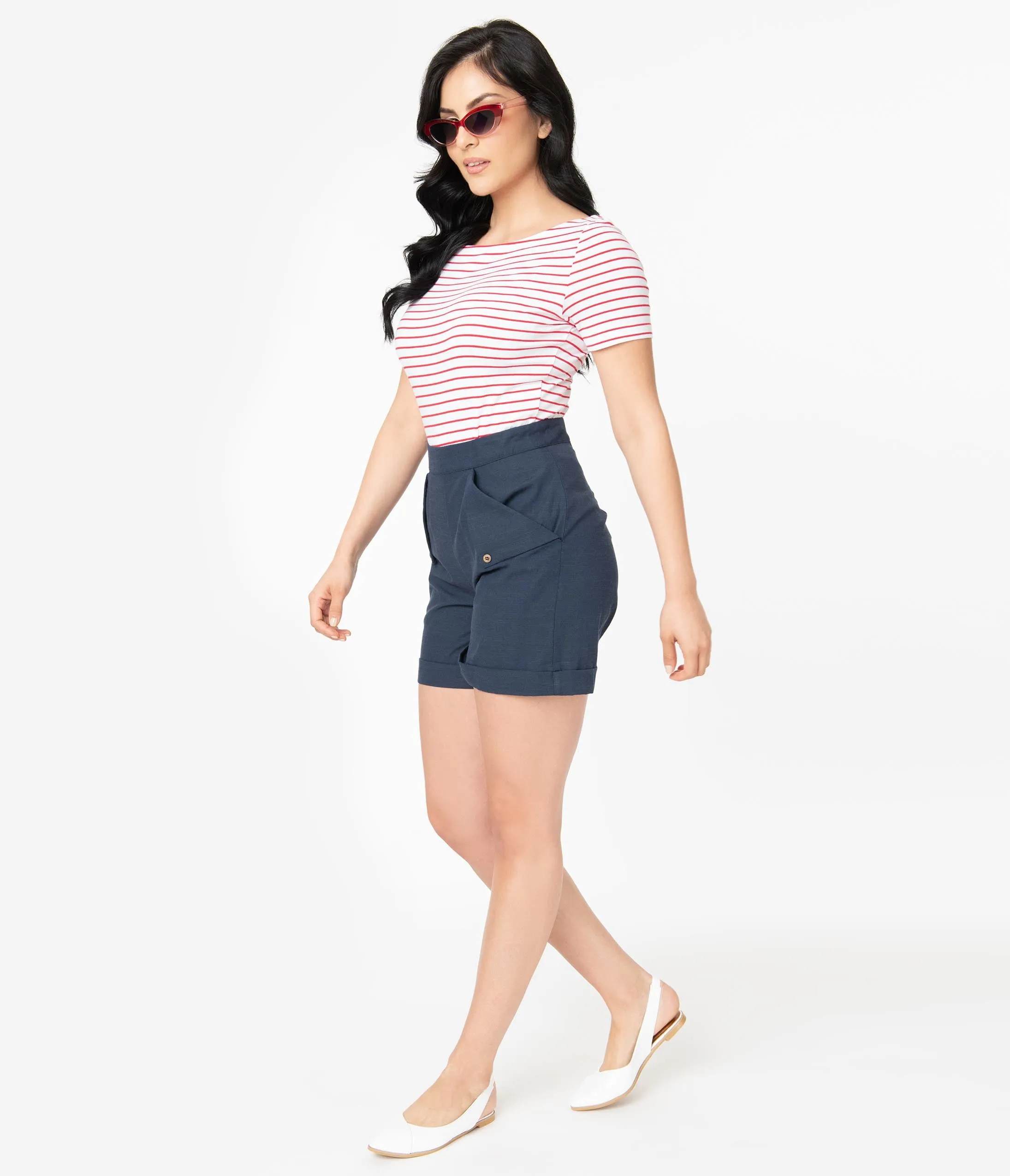 Navy High Waist Nautical Shorts