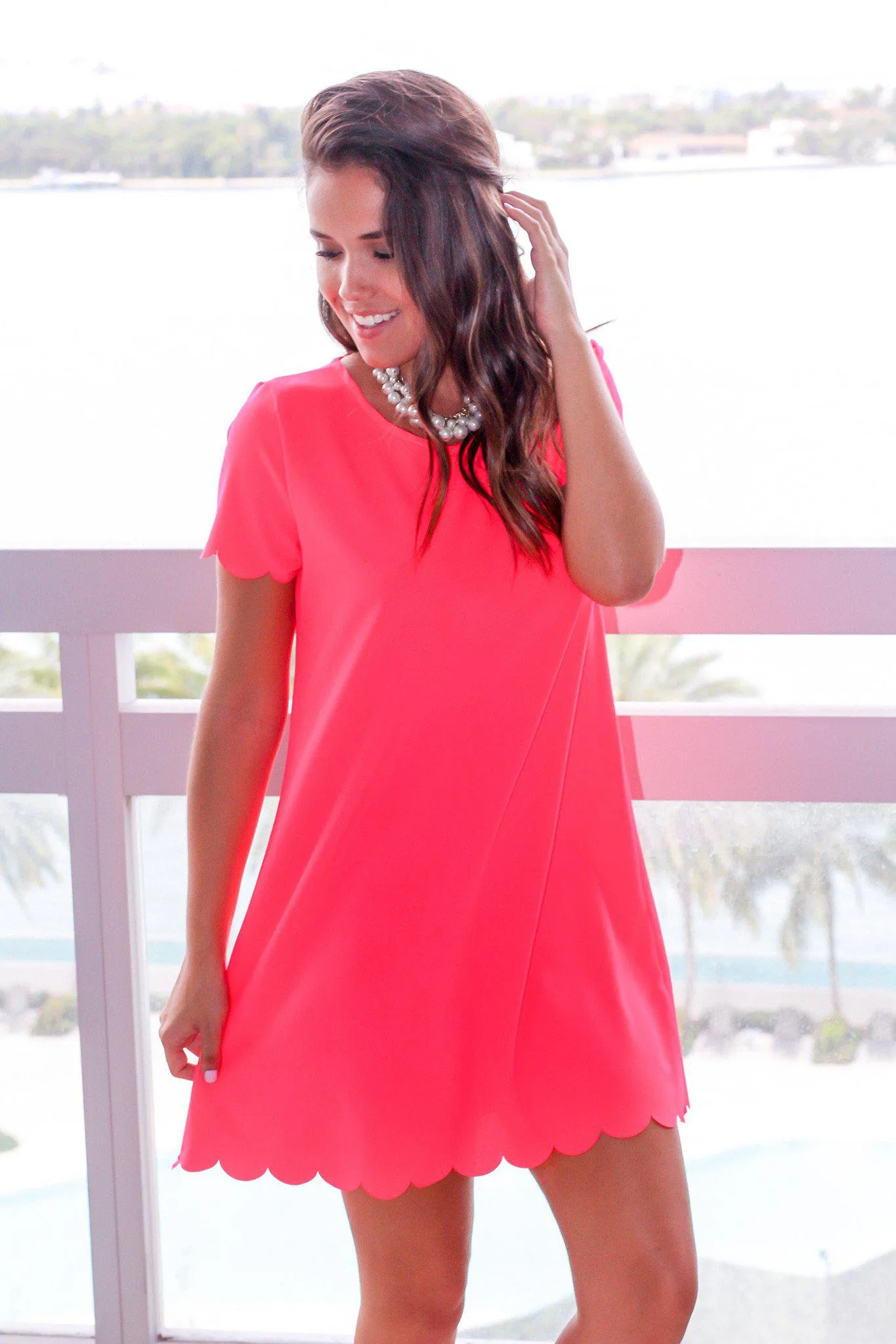 Neon Coral Scalloped Short Dress