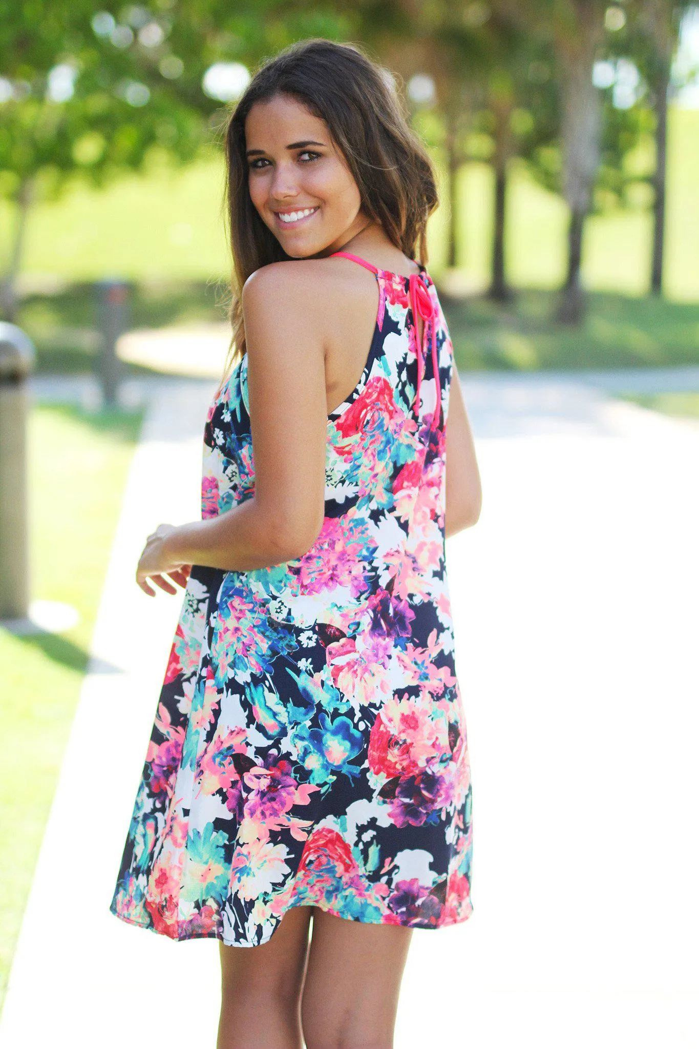 Neon Floral Short Dress with Strappy Neck
