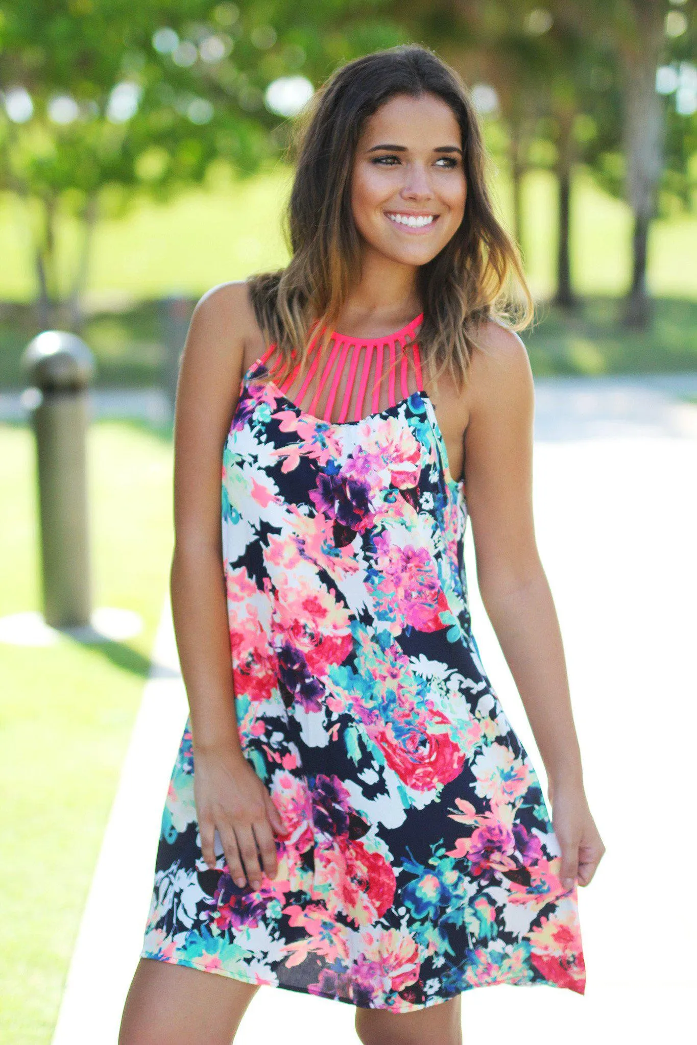 Neon Floral Short Dress with Strappy Neck