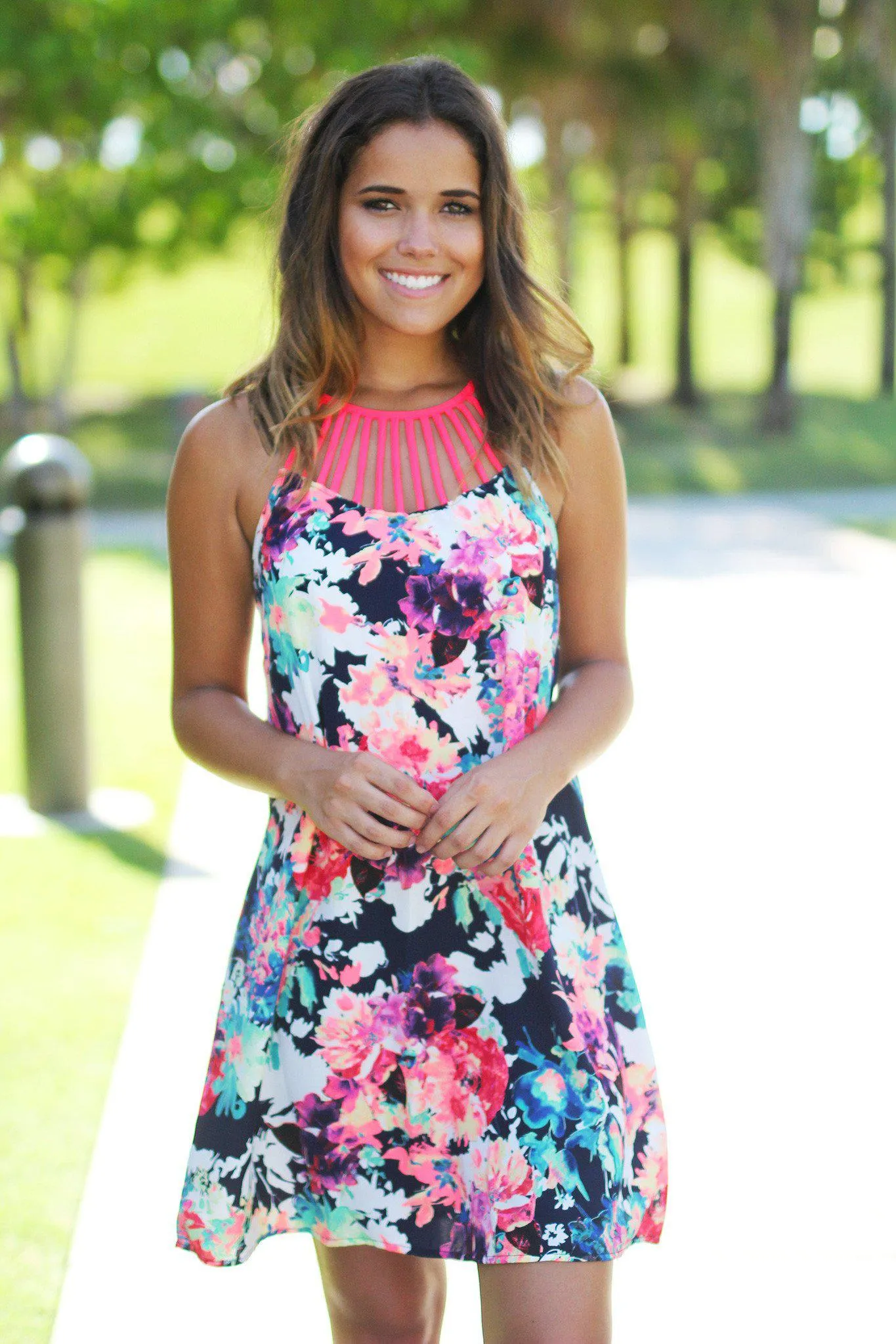 Neon Floral Short Dress with Strappy Neck