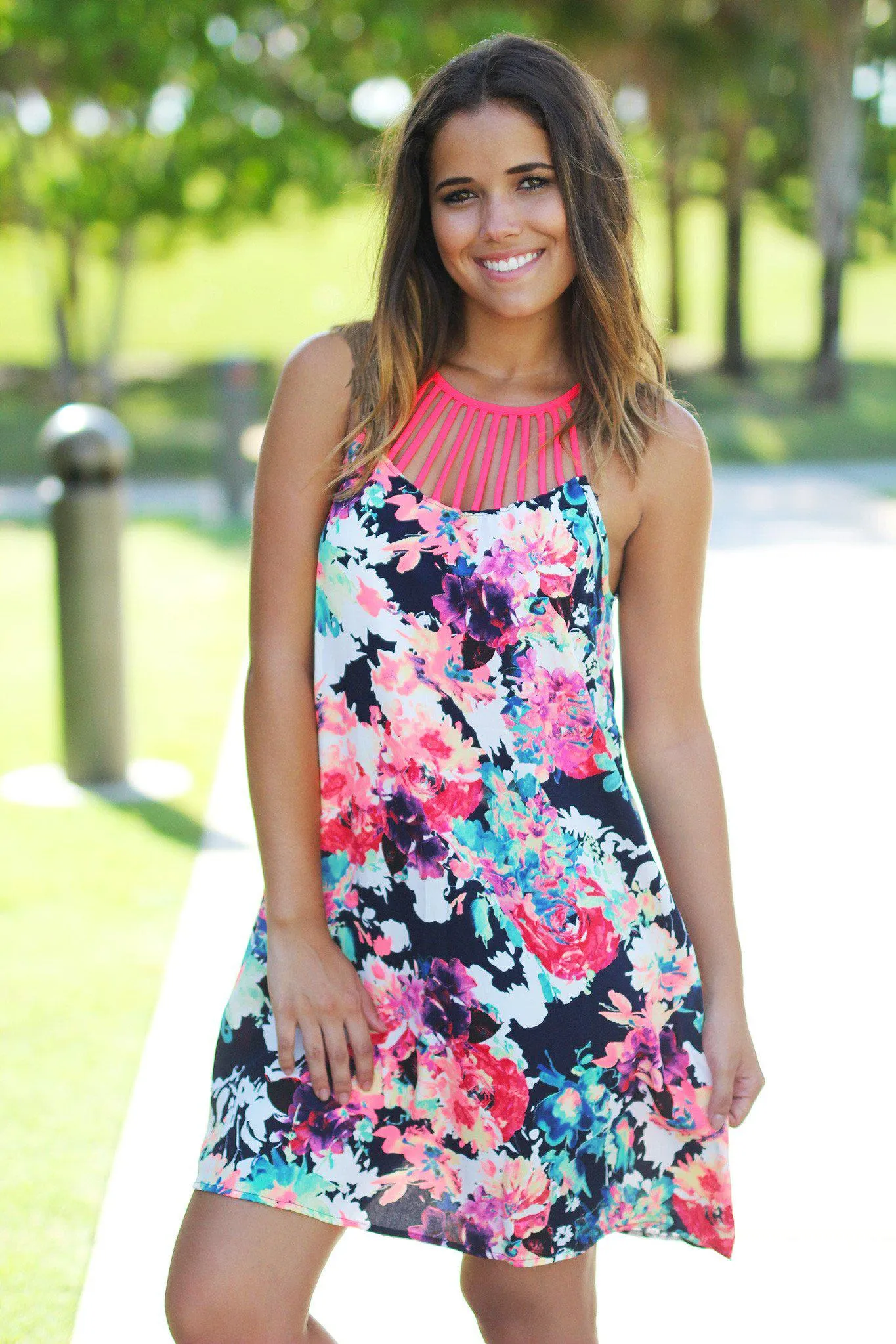 Neon Floral Short Dress with Strappy Neck