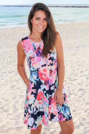 Neon Floral Sleeveless Short Dress