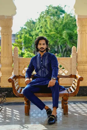 NEON NAVY BLUE NECK EMBROIDERED KURTA PAJAMA FOR MEN