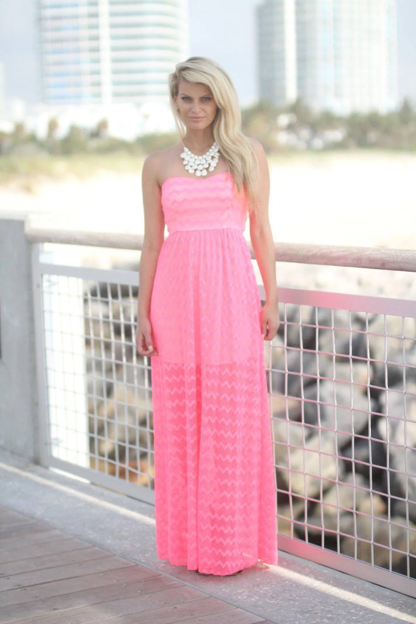 Neon Pink Chevron Maxi Dress With Back Bow