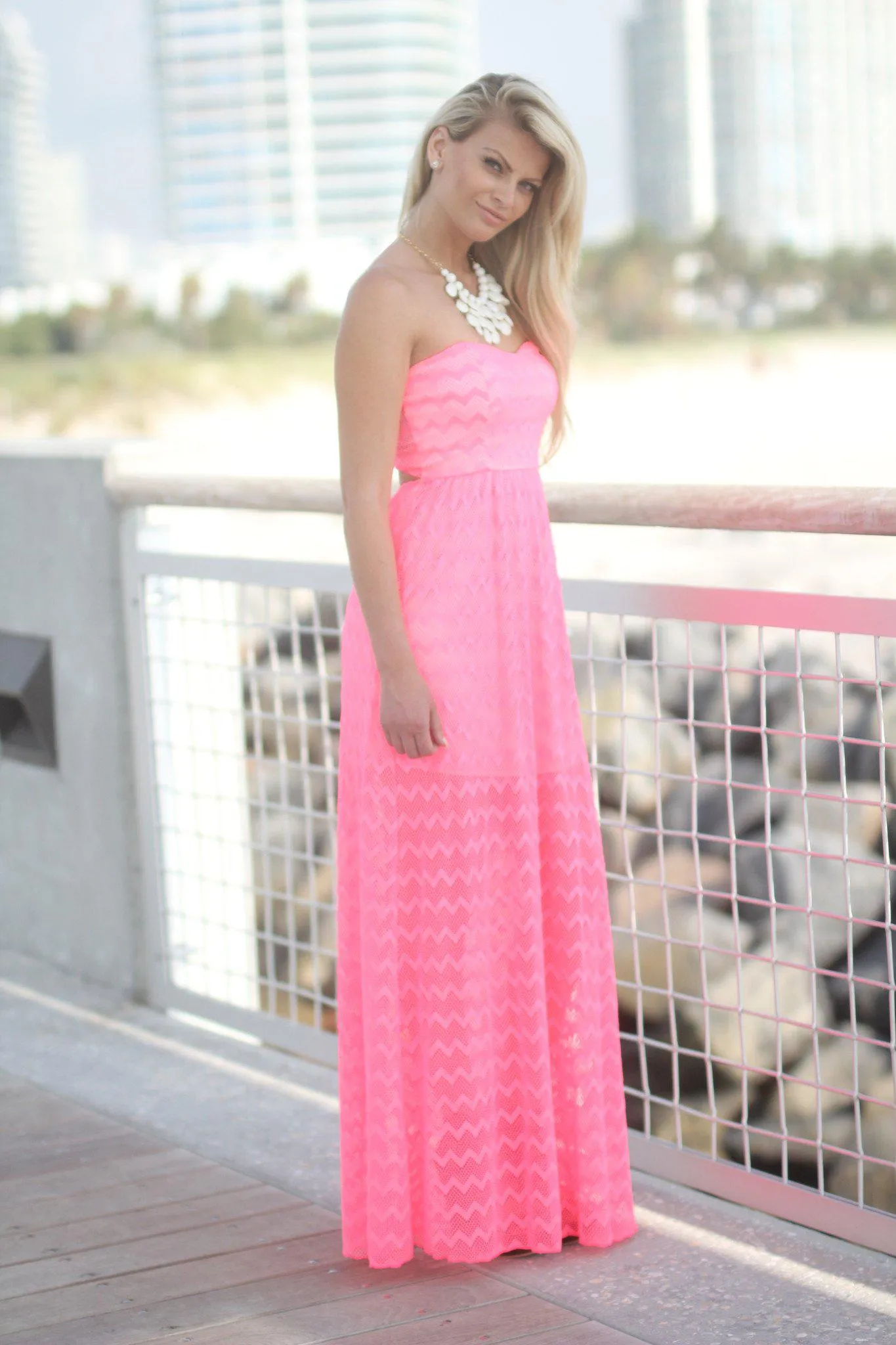 Neon Pink Chevron Maxi Dress With Back Bow