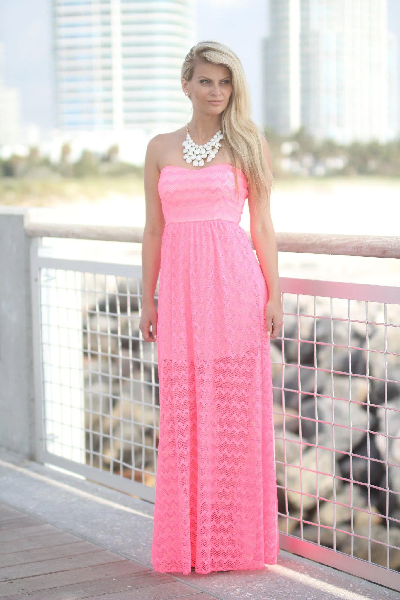 Neon Pink Chevron Maxi Dress With Back Bow