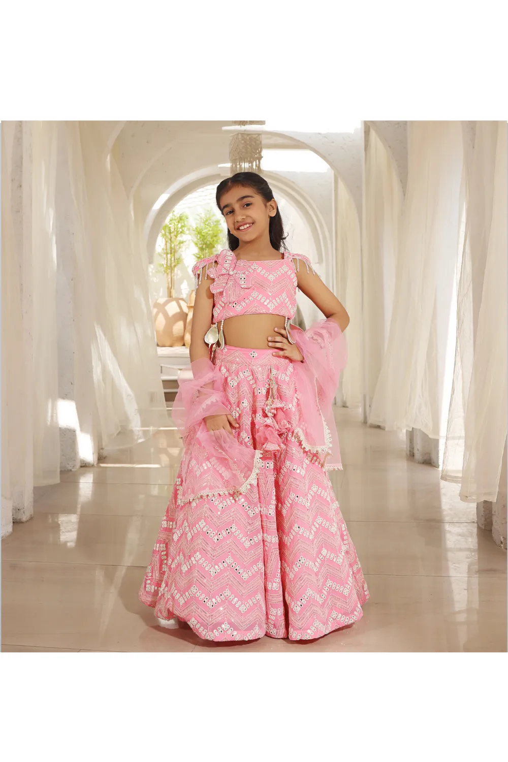 Neon Pink Mirror Embroidered Lehenga Choli with Dupatta Set