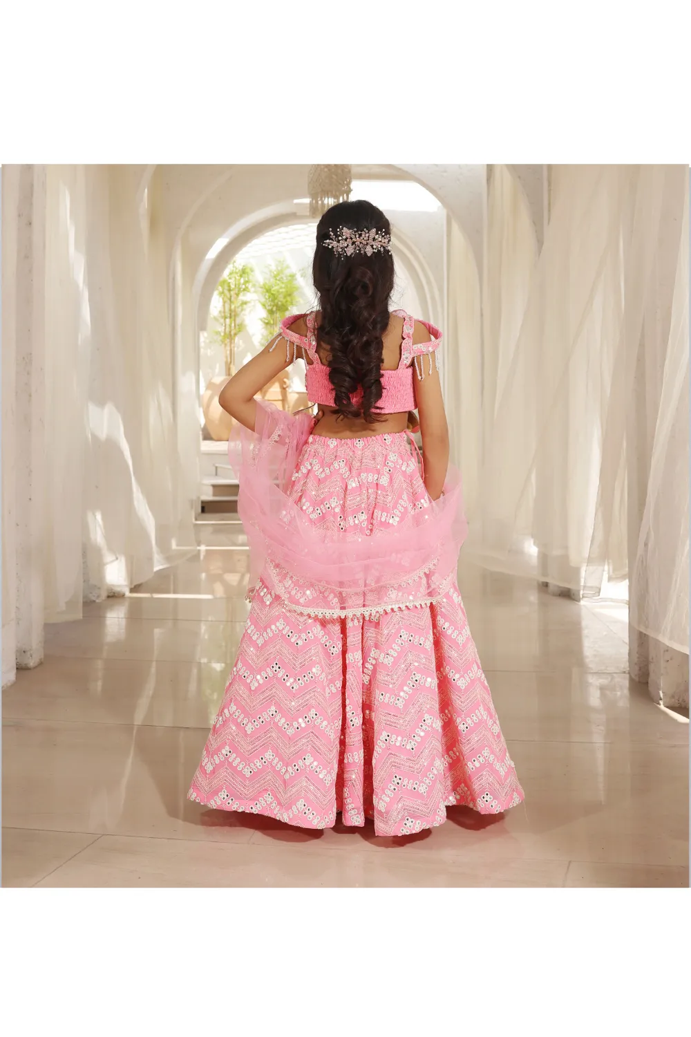 Neon Pink Mirror Embroidered Lehenga Choli with Dupatta Set