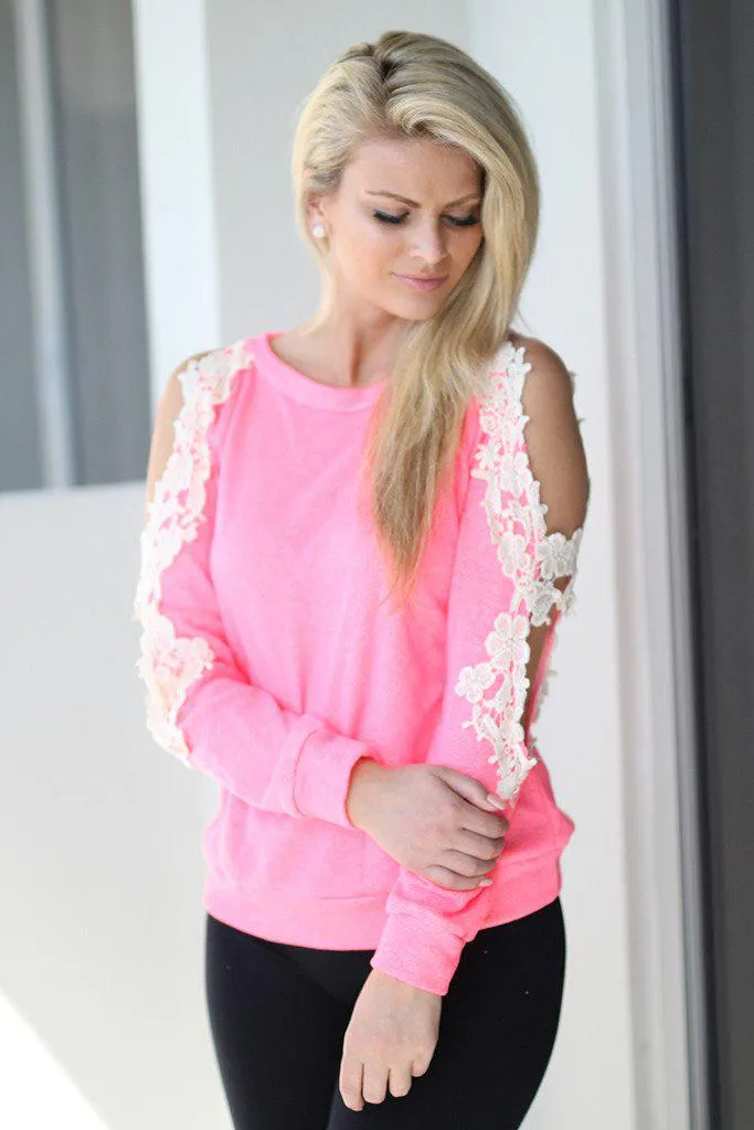 Neon Pink Top with Open Crochet Sleeves