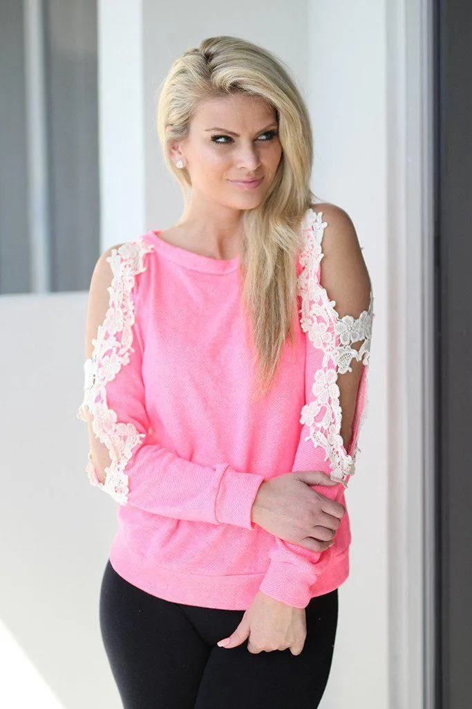 Neon Pink Top with Open Crochet Sleeves