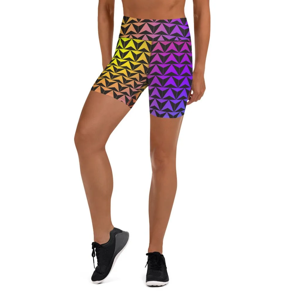 Neon Rainbow Spaceship Future World Inspired Yoga Shorts