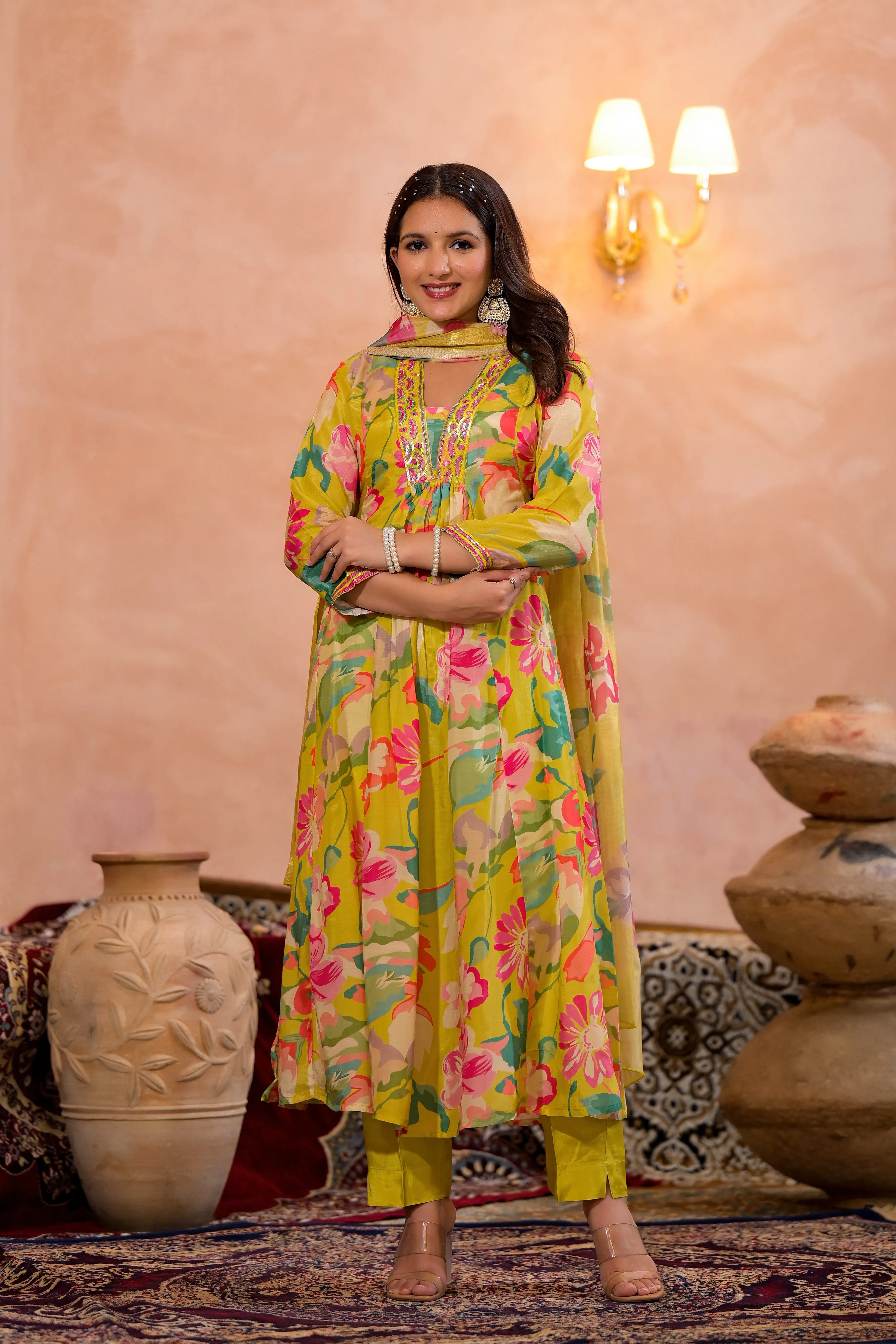 Neon Yellow Floral Printed Premium Silk Anarkali Set