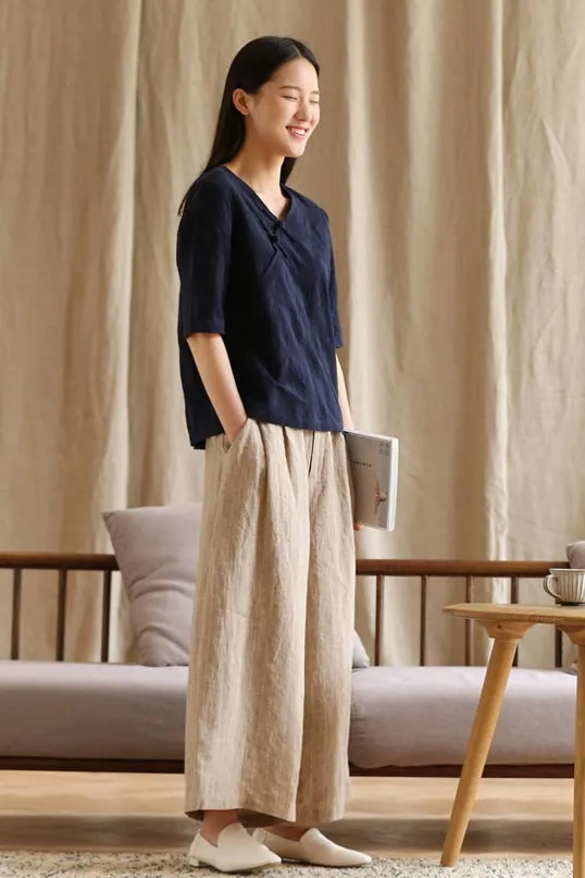 New style loose little above ankle length linen wide leg pants for women summer 190032