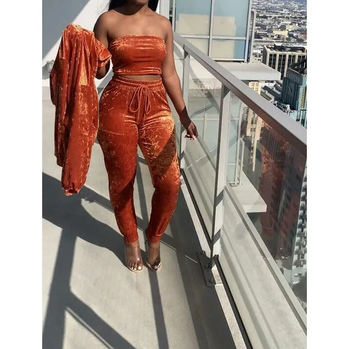 New Women's Three-Piece Velour Crop Top Short Jacket Set Tracksuit/Crop Top with Hood/Y2K Velvet Leisure Set/Street wear/Velour Lounge wear